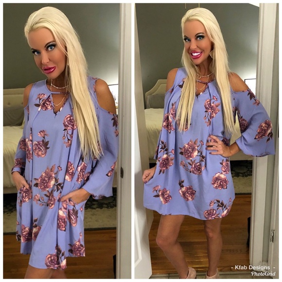 🥰LAST 1! Lavender Floral Cold Shoulder Dress! - Picture 3 of 6